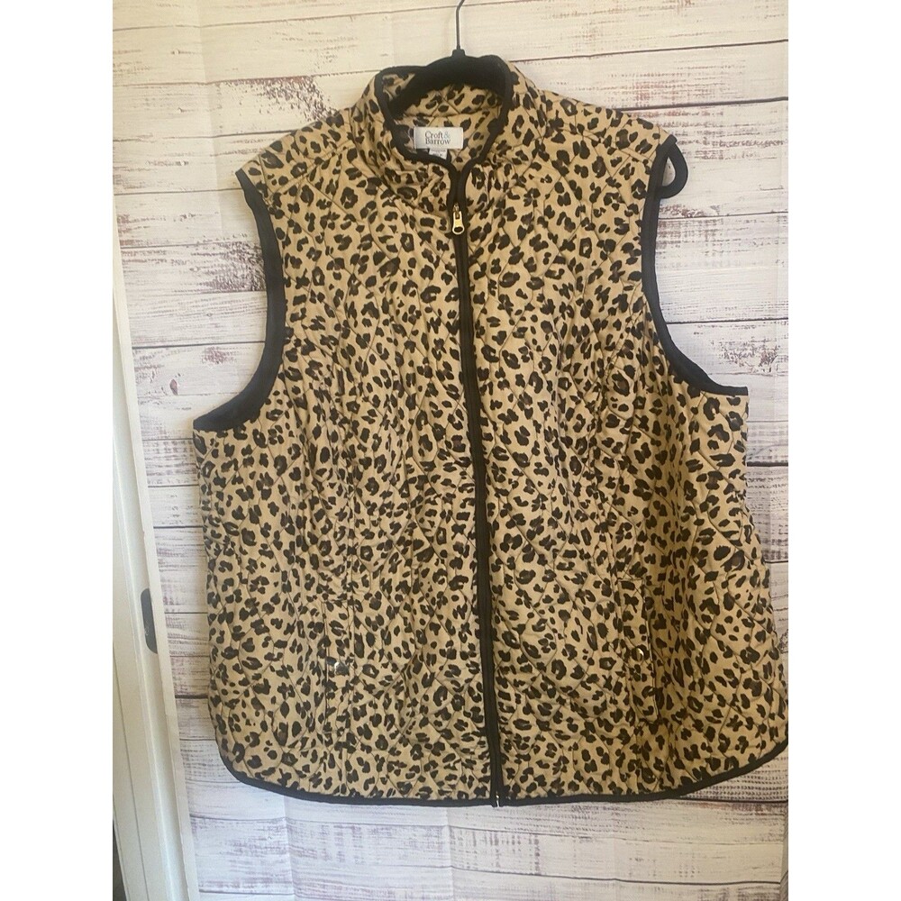 Croft & Barrow Womens 2X Animal Print Quilted zip Vest w/ Pockets Black Tan EUC